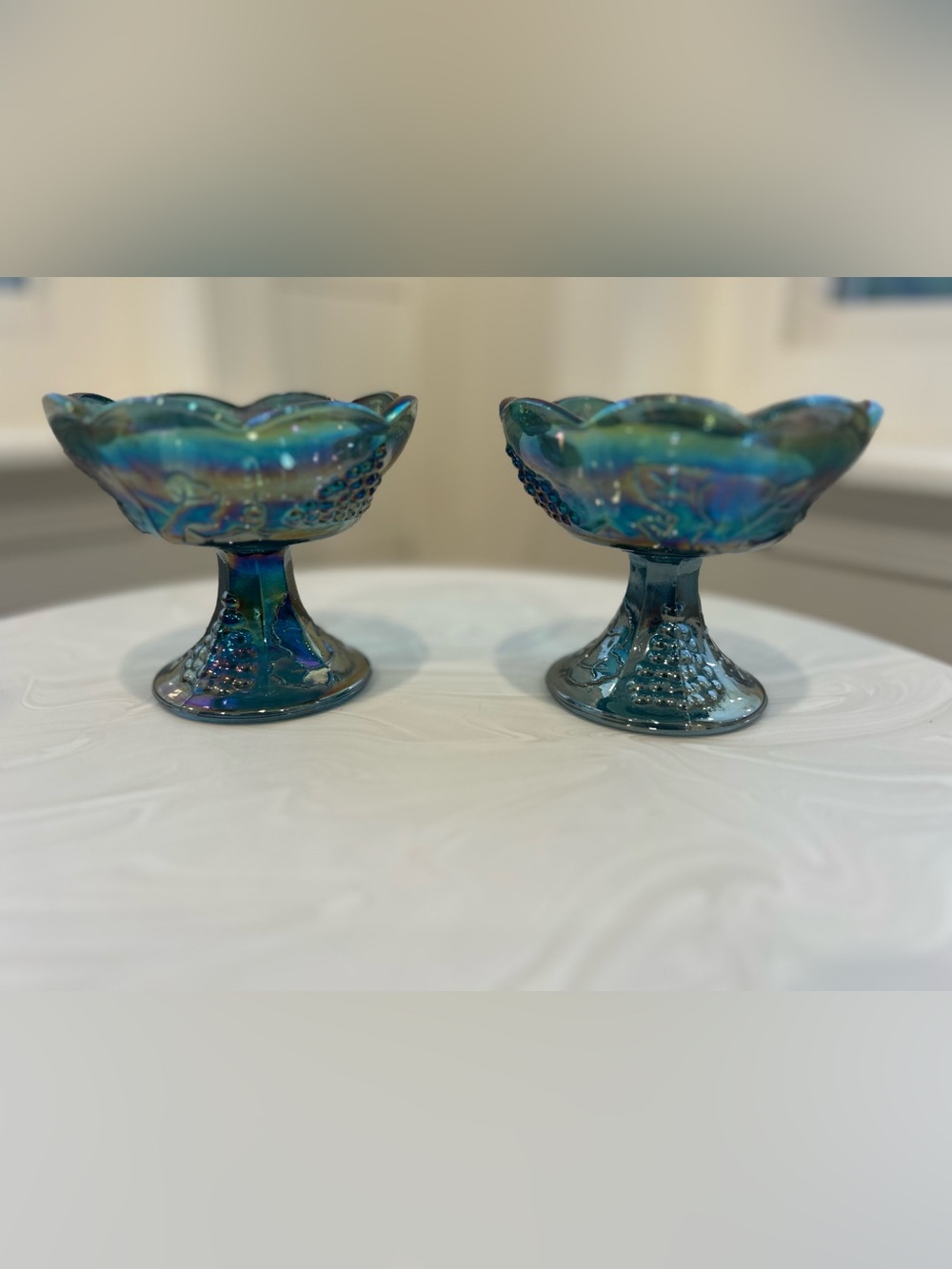Indiana Glass vintage blue Iridescent Carnival Glass Compote Pair candle holders